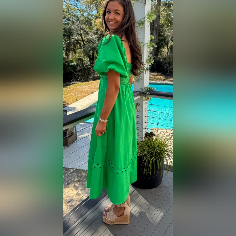 Entro Vibrant Green Midi Dress with Puff Sleeves - Picture 4 of 8